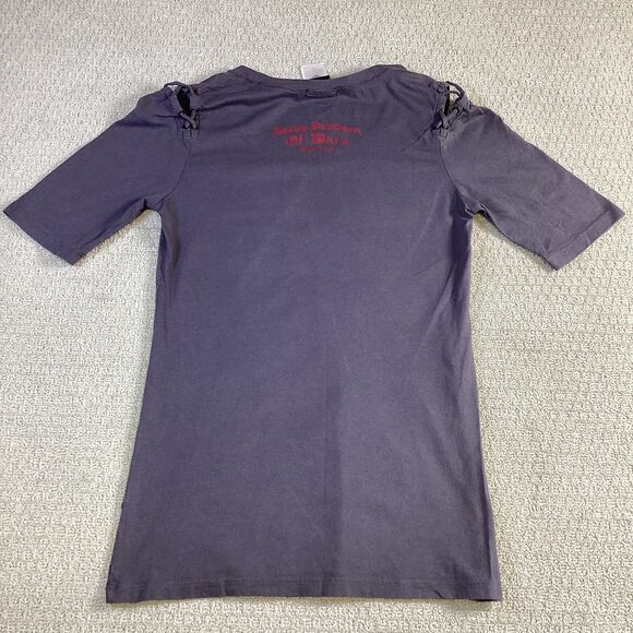 Harley Davidson Skull Rose Graphic Top Lace Up Shoulder Womens Large - Picture 2 of 5